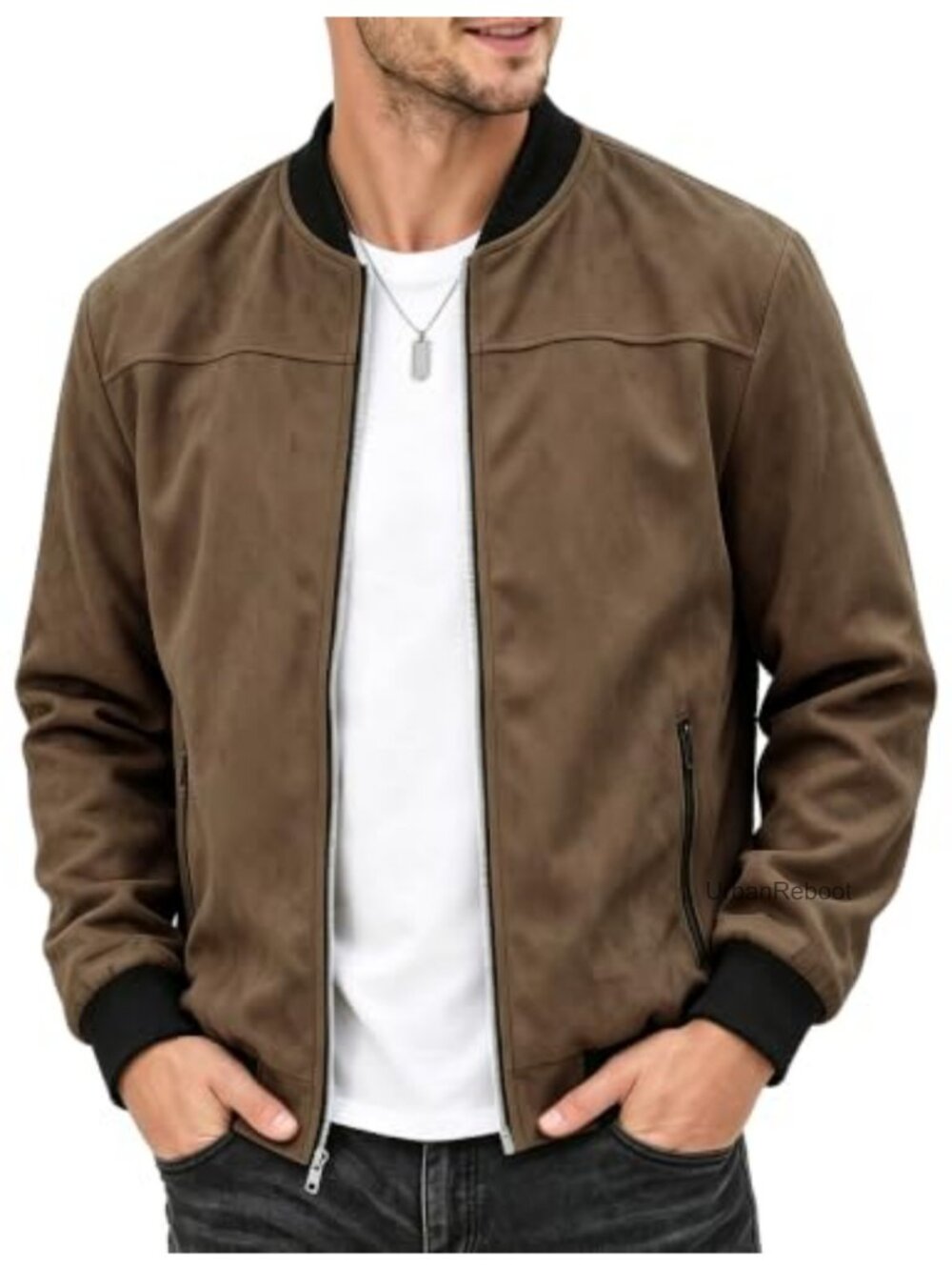 Men's Faux Suede Varsity Bomber Jacket Full Zip Casual Outerwear